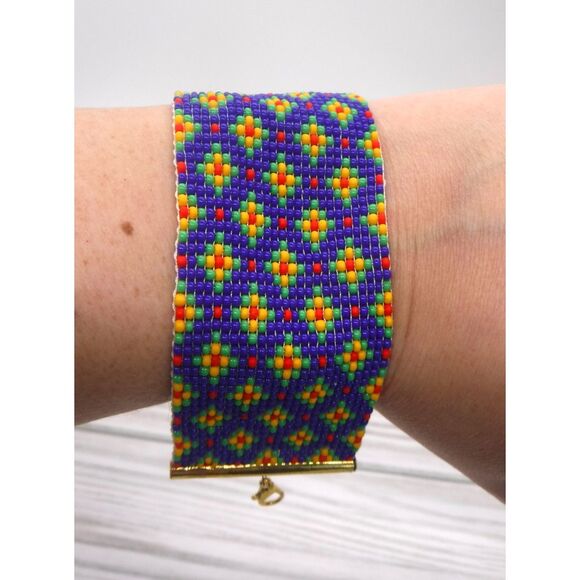 Hand Crafted Jewelry - Loom Beaded Bracelet Blue, Green, Yellow & Red Print
